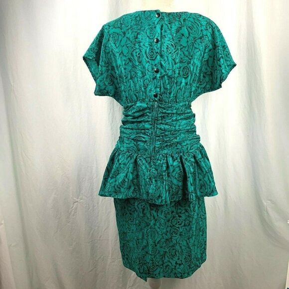 Vintage Millicent of California Cocktail Dress 6 Green Black Peplum Floral - Picture 6 of 7
